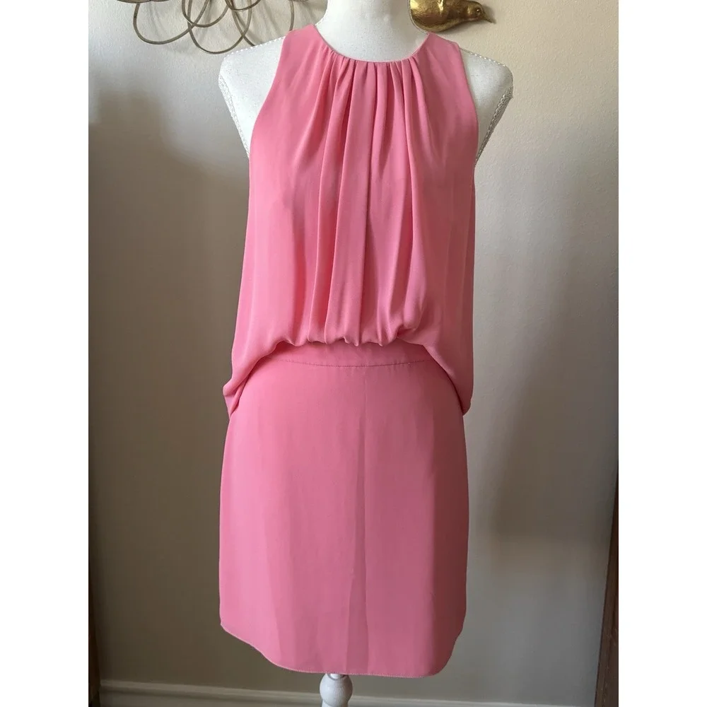 Halston Womens Dress Size 4 Pink Blouson Pleated Sleeveless Cocktail Mini